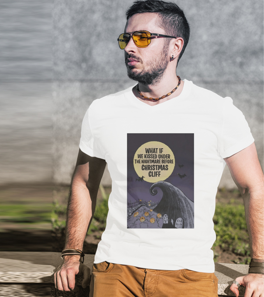 What If We Kissed Under The Nightmare Before Christmas Cliff Halloween Moon Bats Pumpkins Graveyard Scene T-Shirt