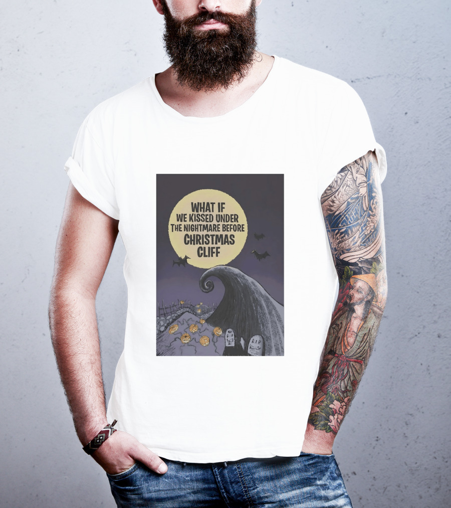 What If We Kissed Under The Nightmare Before Christmas Cliff Halloween Moon Bats Pumpkins Graveyard Scene T-Shirt
