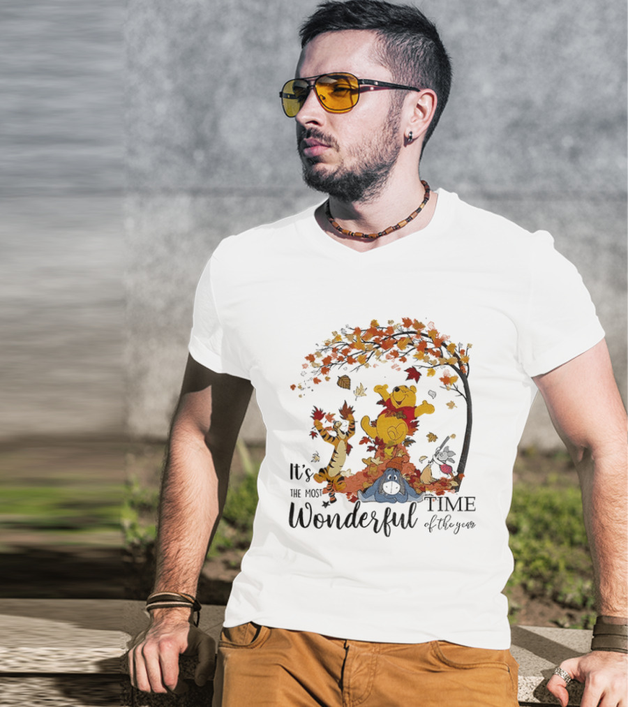 Winnie The Pooh It's The Most Wonderful Time Of The Year Happy Fall Autumn Leaves T-Shirt