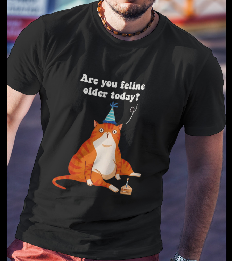 Are You Feline Older Today Birthday Cat With Party Hat And Cake T-Shirt