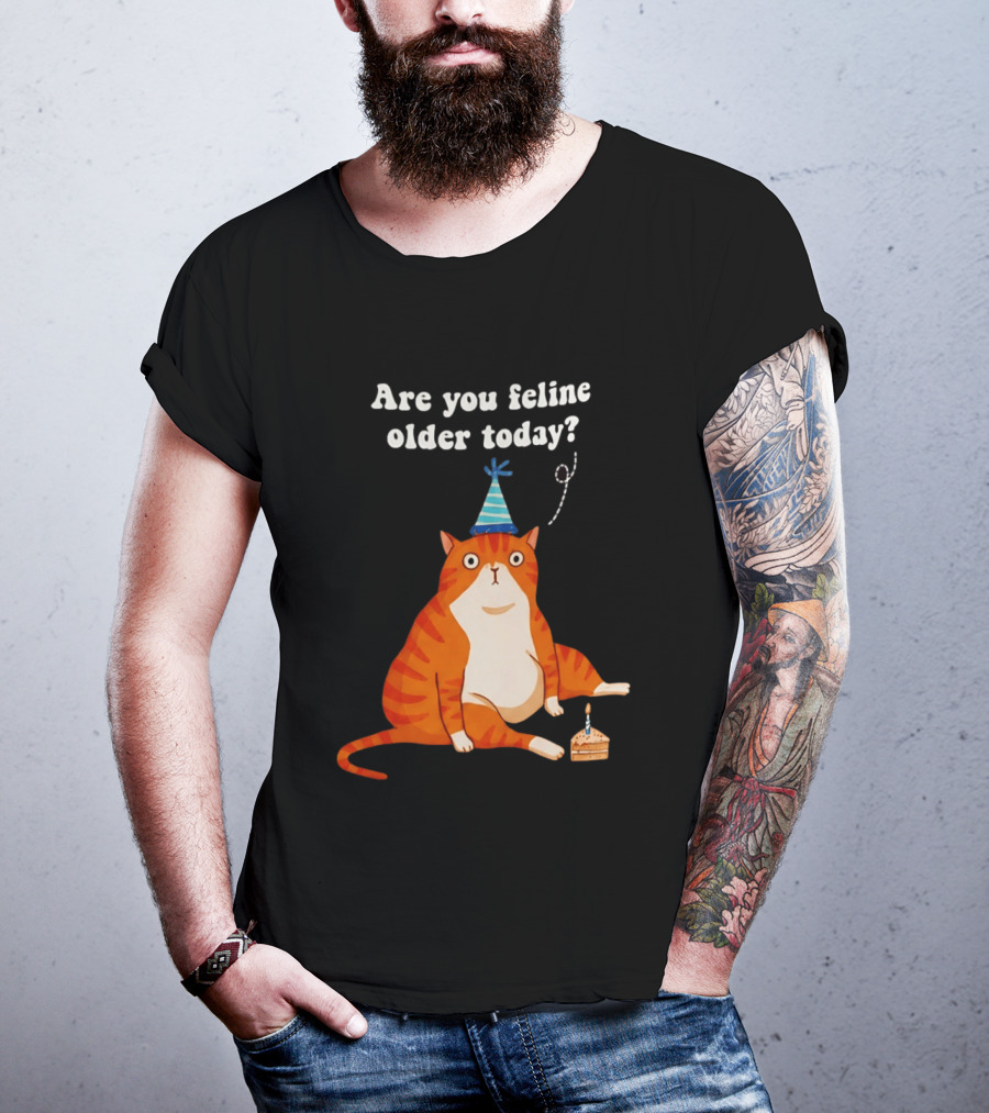 Are You Feline Older Today Birthday Cat With Party Hat And Cake T-Shirt