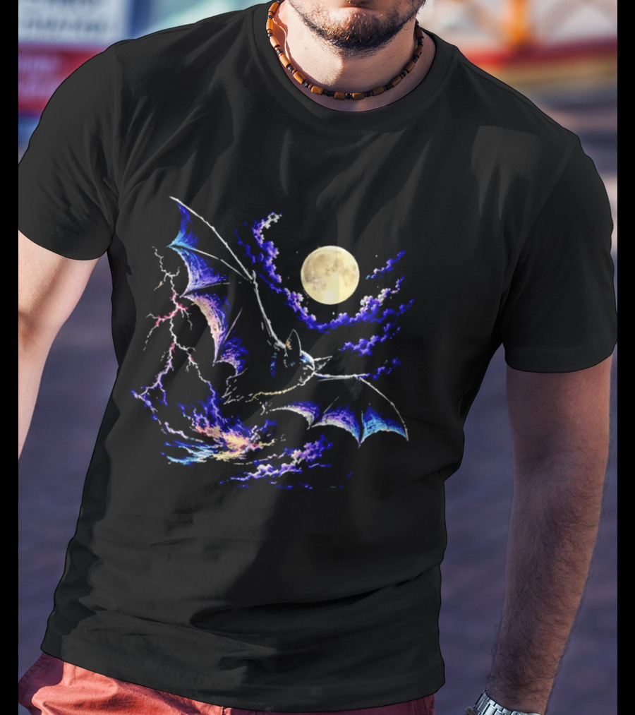 Bat Flying In Stormy Night With Full Moon Lightning And Clouds T-Shirt
