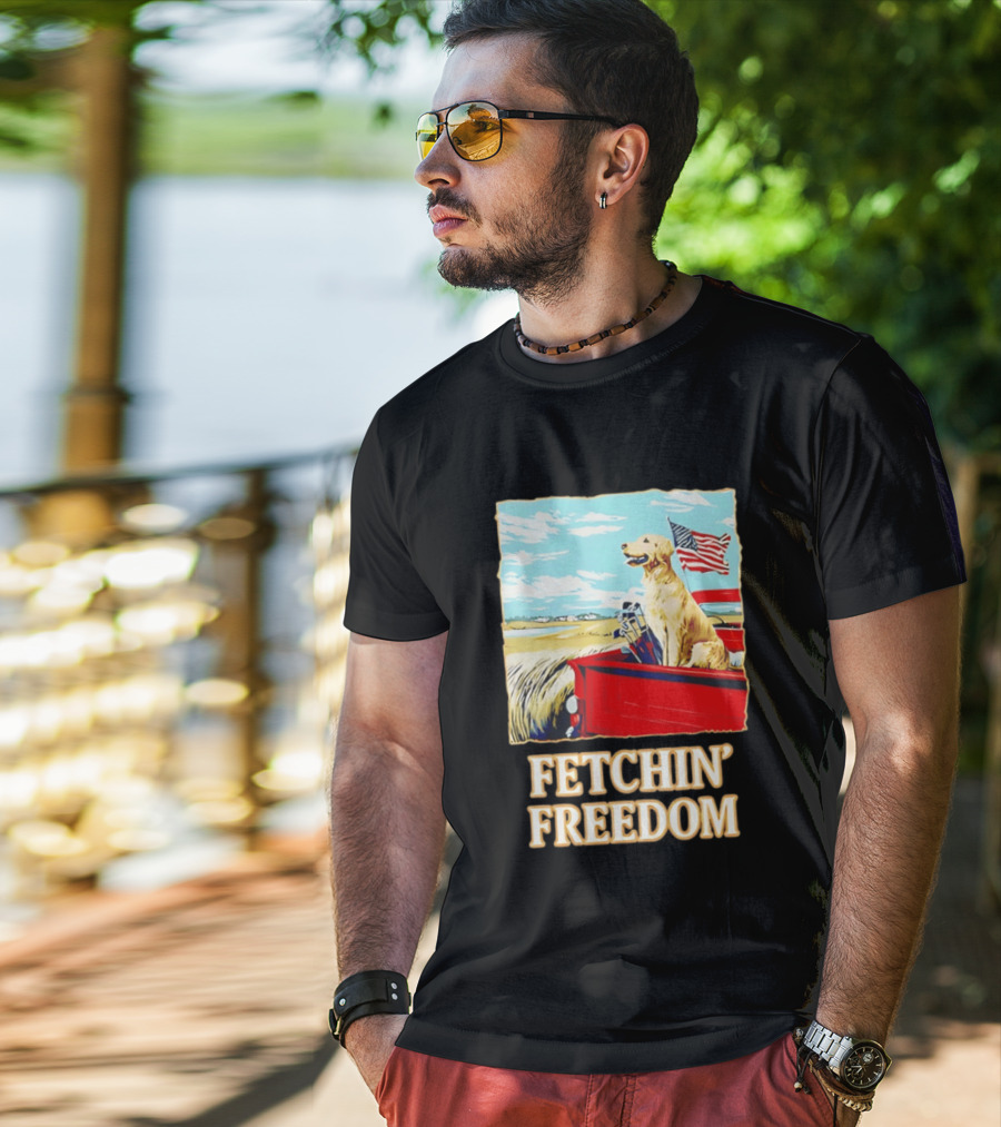 Fetching Freedom Dog And American Flag Scene T-Shirt