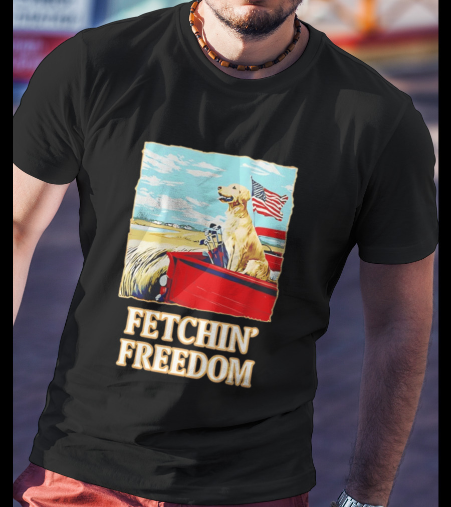 Fetching Freedom Dog And American Flag Scene T-Shirt