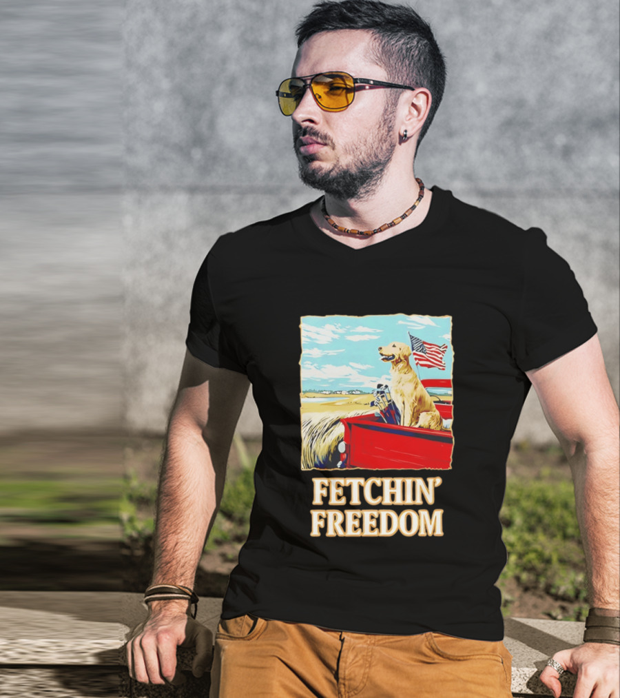 Fetching Freedom Dog And American Flag Scene T-Shirt
