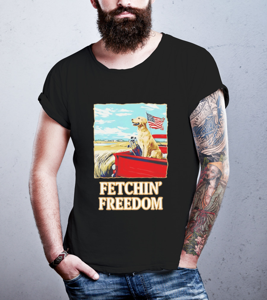 Fetching Freedom Dog And American Flag Scene T-Shirt