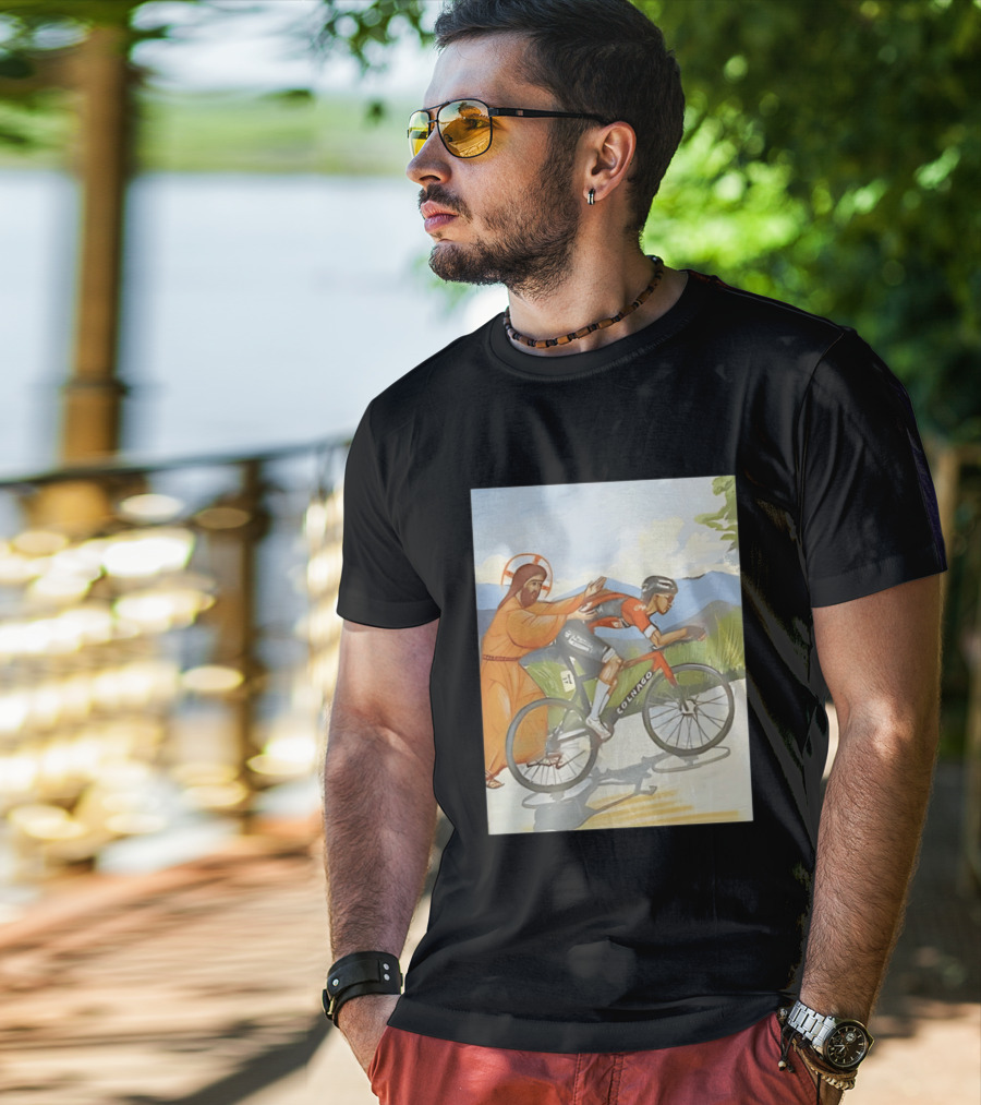 Jesus Gives Tadej Pogačar A Push Colnago Cycling T-Shirt