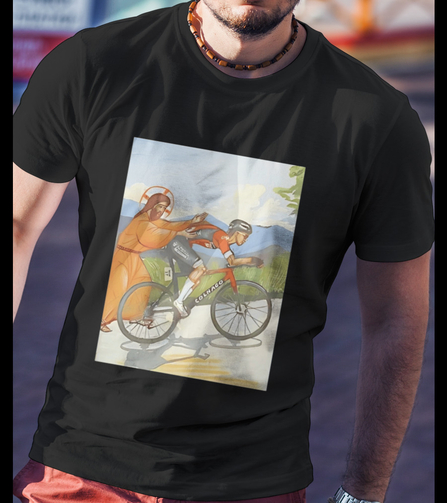 Jesus Gives Tadej Pogačar A Push Colnago Cycling T-Shirt