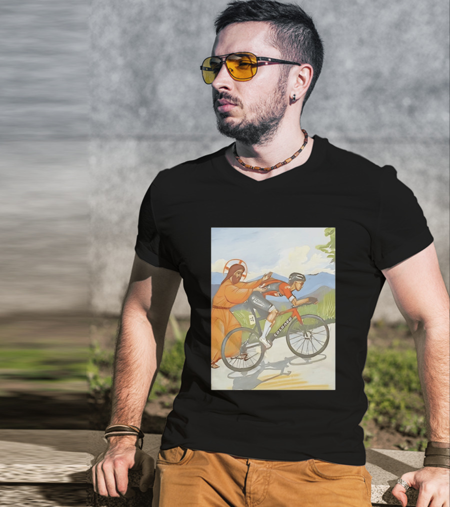 Jesus Gives Tadej Pogačar A Push Colnago Cycling T-Shirt