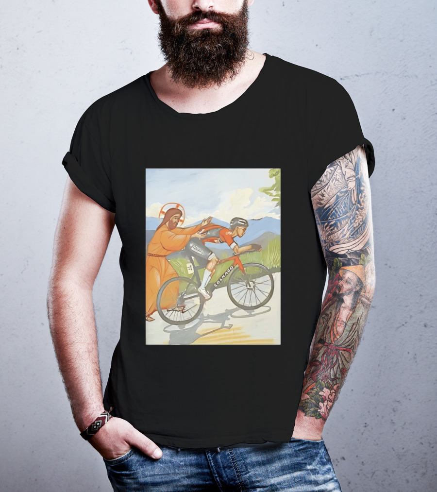 Jesus Gives Tadej Pogačar A Push Colnago Cycling T-Shirt