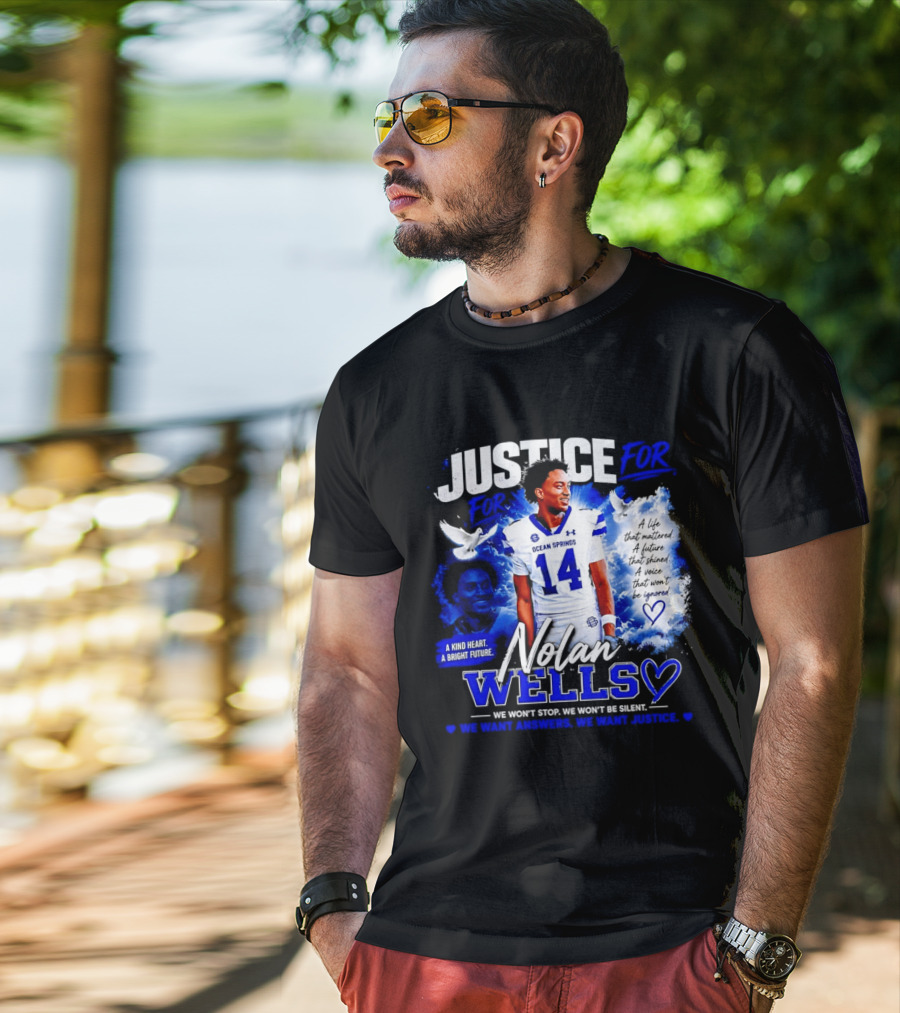 Justice For Nolan Wells Ocean Springs Football Number 14 Ignored Heart We Won't Stop Silent T-Shirt