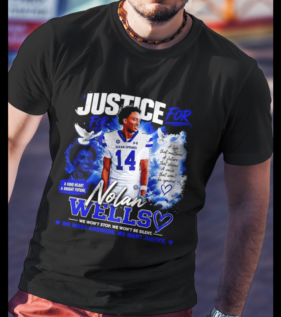 Justice For Nolan Wells Ocean Springs Football Number 14 Ignored Heart We Won't Stop Silent T-Shirt