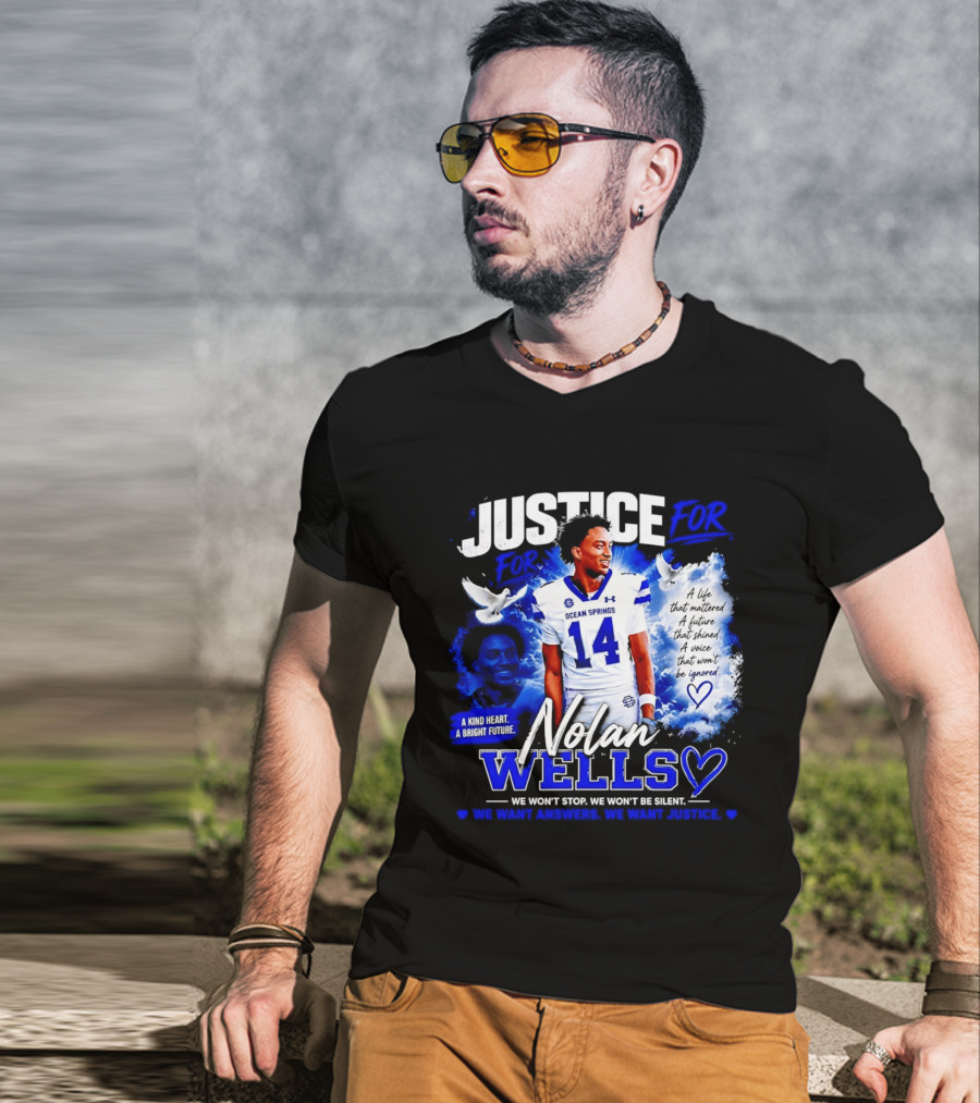 Justice For Nolan Wells Ocean Springs Football Number 14 Ignored Heart We Won't Stop Silent T-Shirt