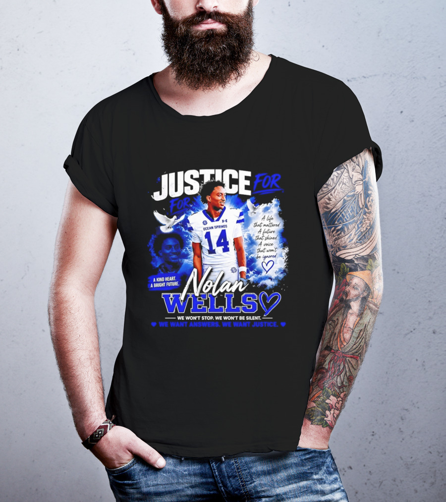 Justice For Nolan Wells Ocean Springs Football Number 14 Ignored Heart We Won't Stop Silent T-Shirt