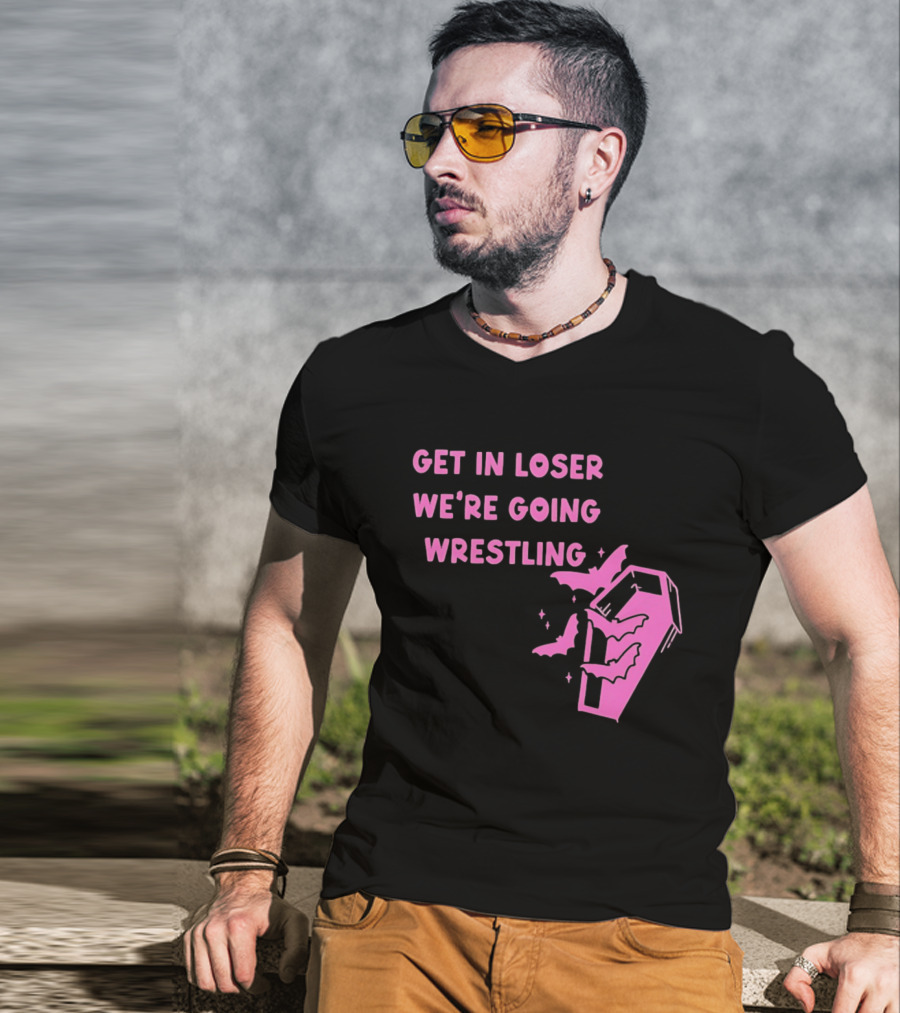 Get In Loser We're Going Wrestling Coffin With Bats And Stars T-Shirt
