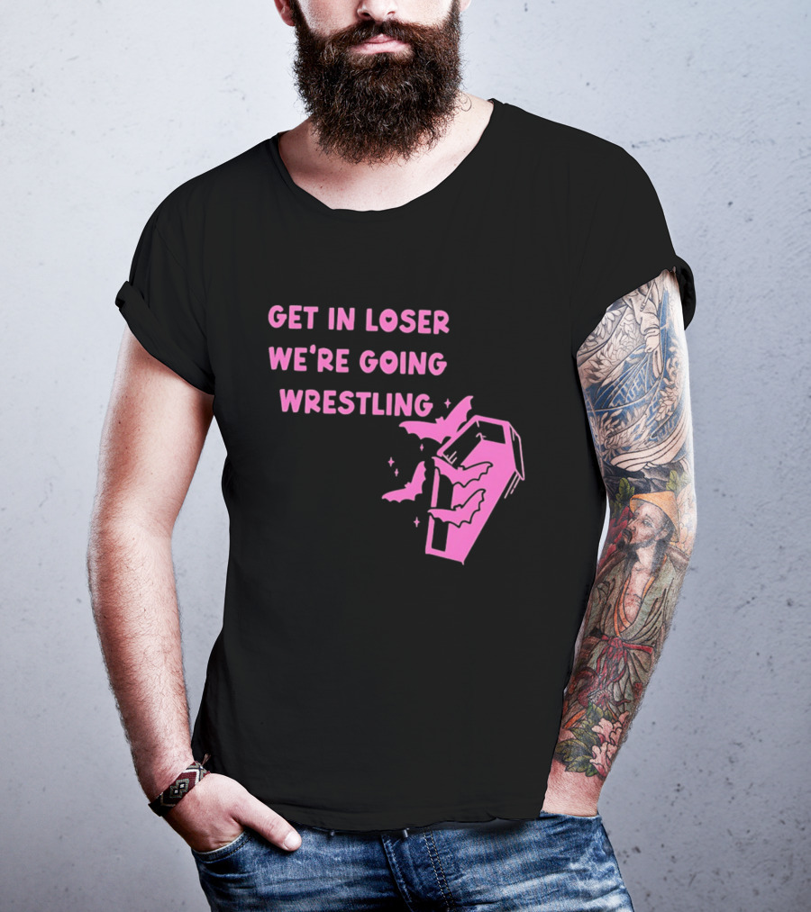 Get In Loser We're Going Wrestling Coffin With Bats And Stars T-Shirt