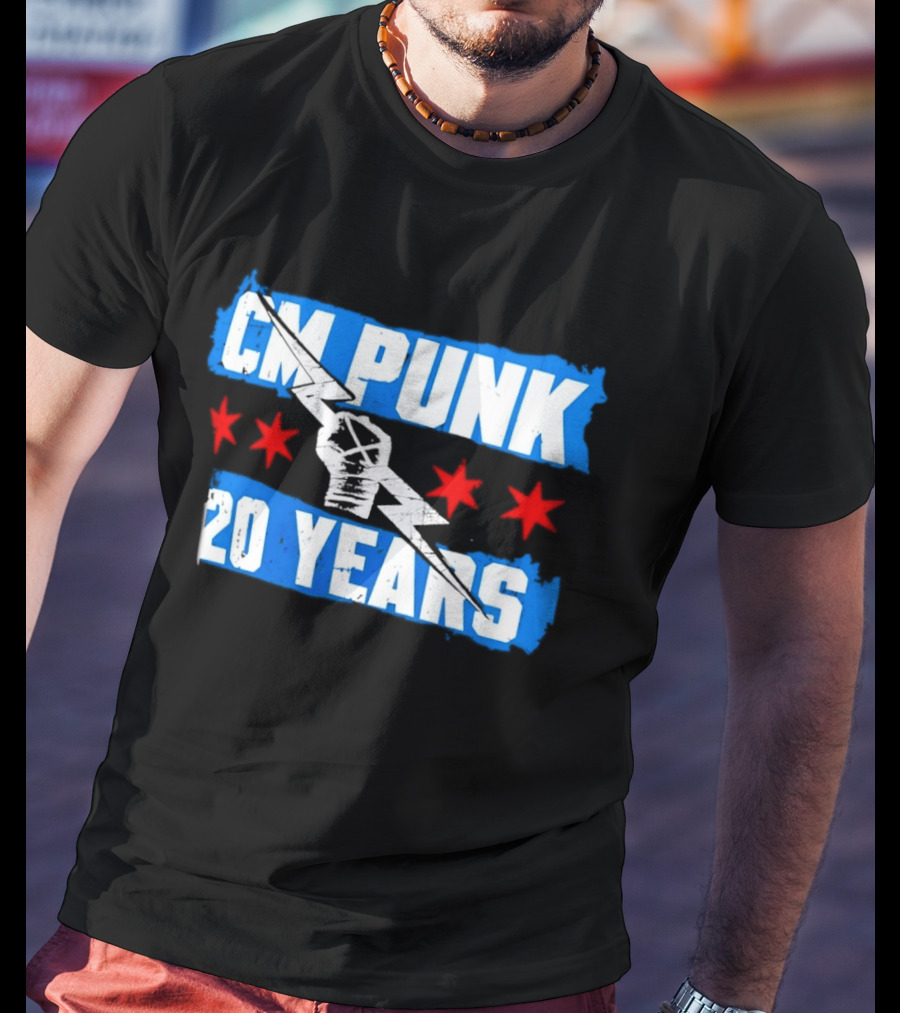 CM Punk 20 Years WWE Flag With Stars And Lightning Fist T-Shirt