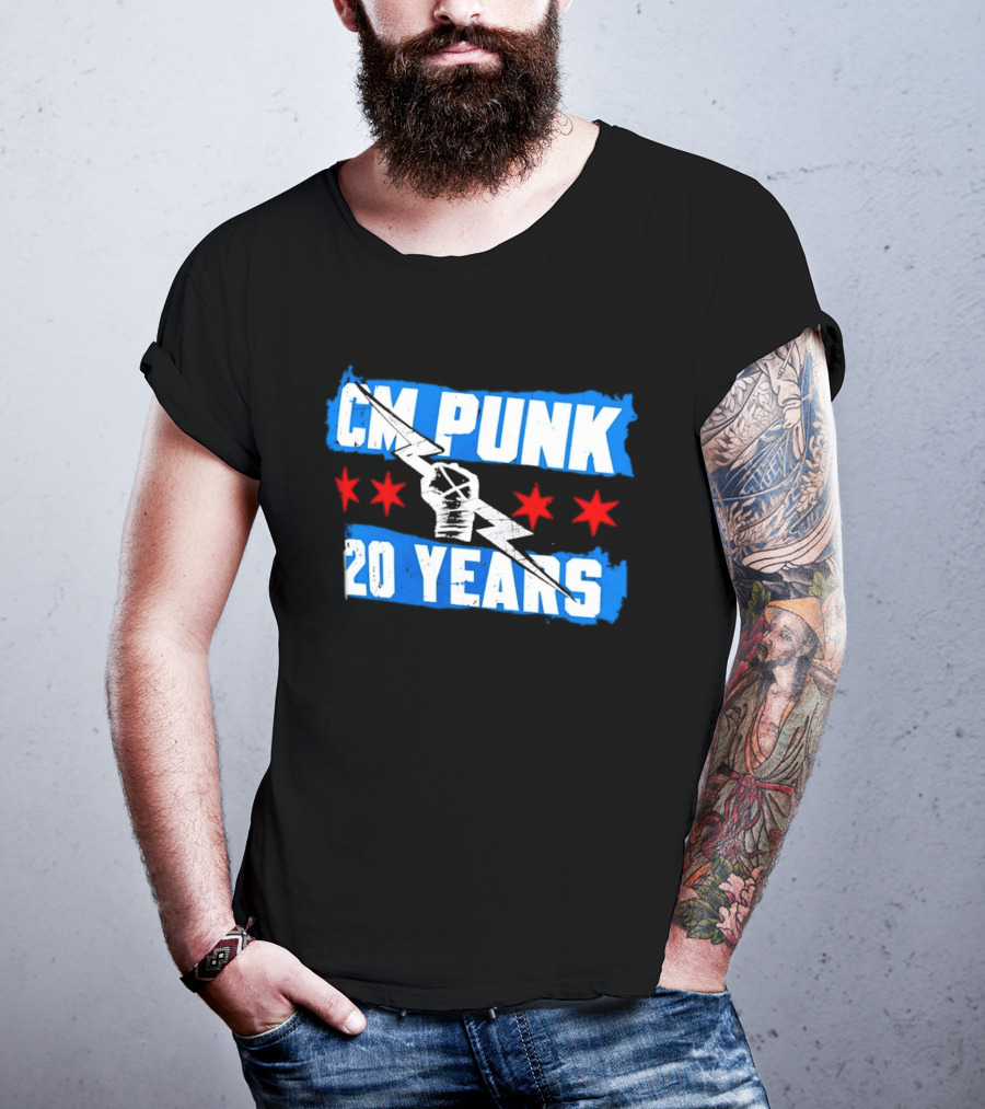 CM Punk 20 Years WWE Flag With Stars And Lightning Fist T-Shirt