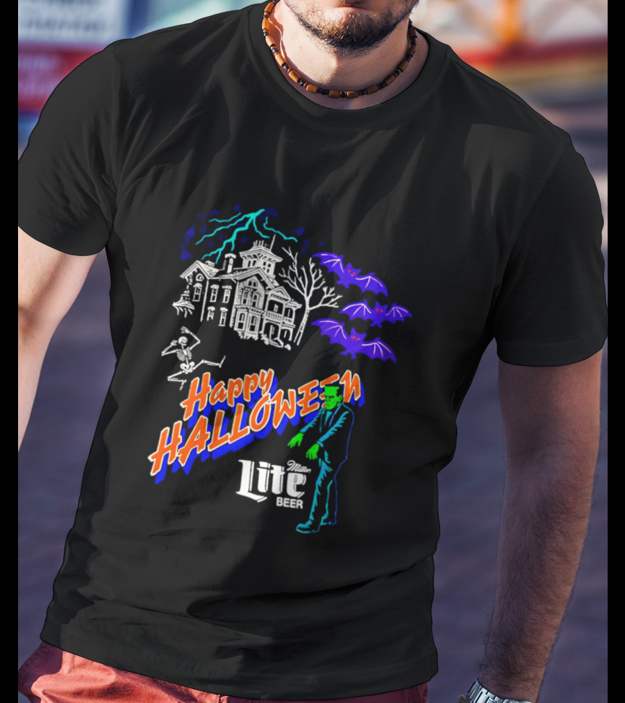 Happy Halloween Miller Lite Beer Haunted House Frankenstein Bats T-Shirt