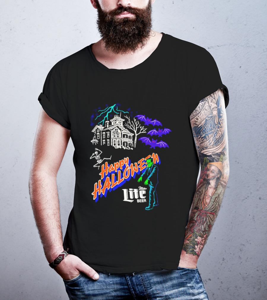 Happy Halloween Miller Lite Beer Haunted House Frankenstein Bats T-Shirt