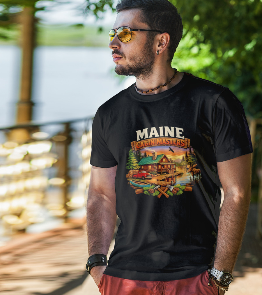 Maine Cabin Masters Rustic Wilderness Scene With Moose And Red Truck T-Shirt