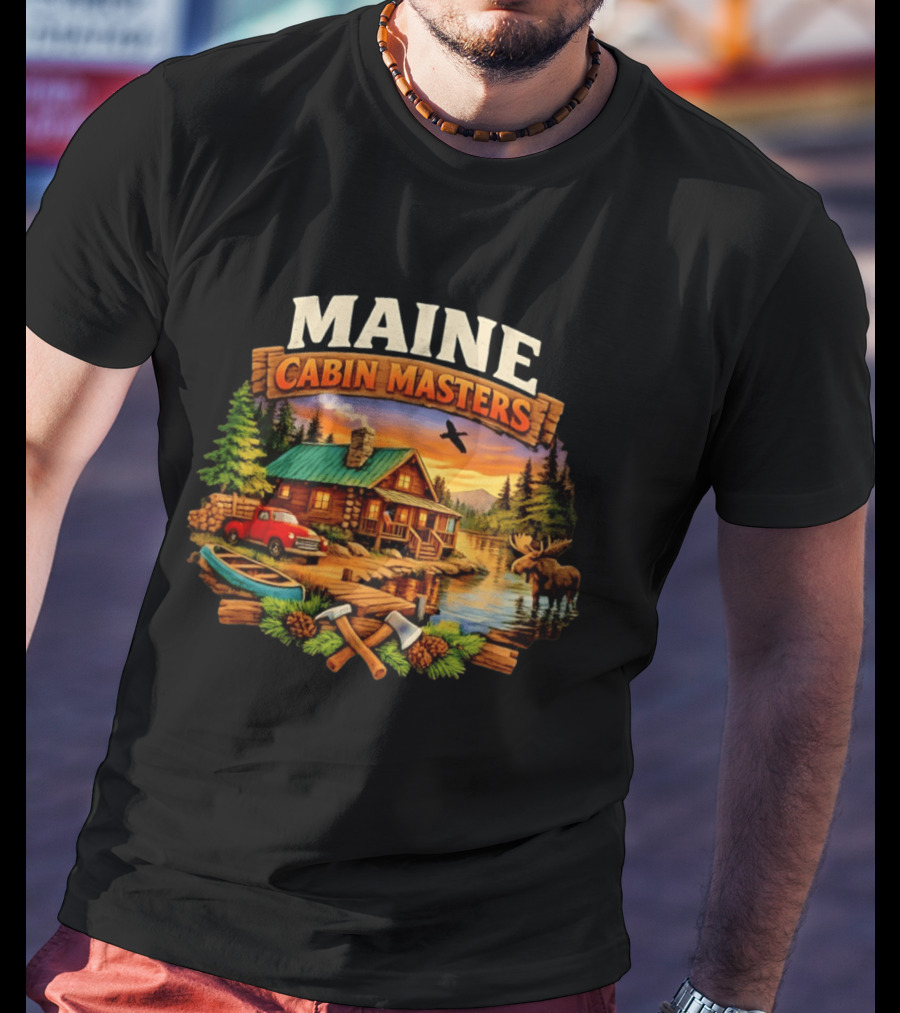 Maine Cabin Masters Rustic Wilderness Scene With Moose And Red Truck T-Shirt