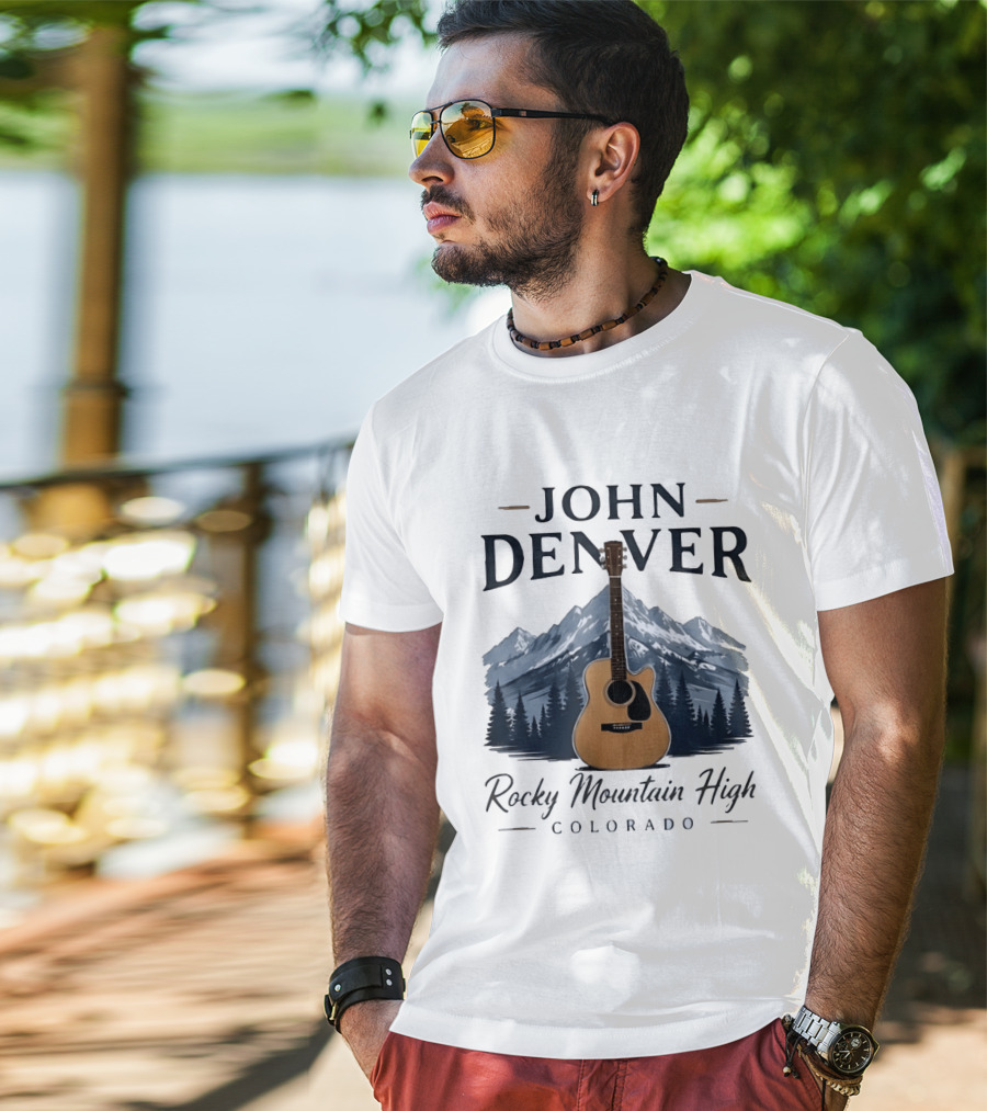 John Denver Rocky Mountain High Colorado Guitar Mountain Scene T-Shirt