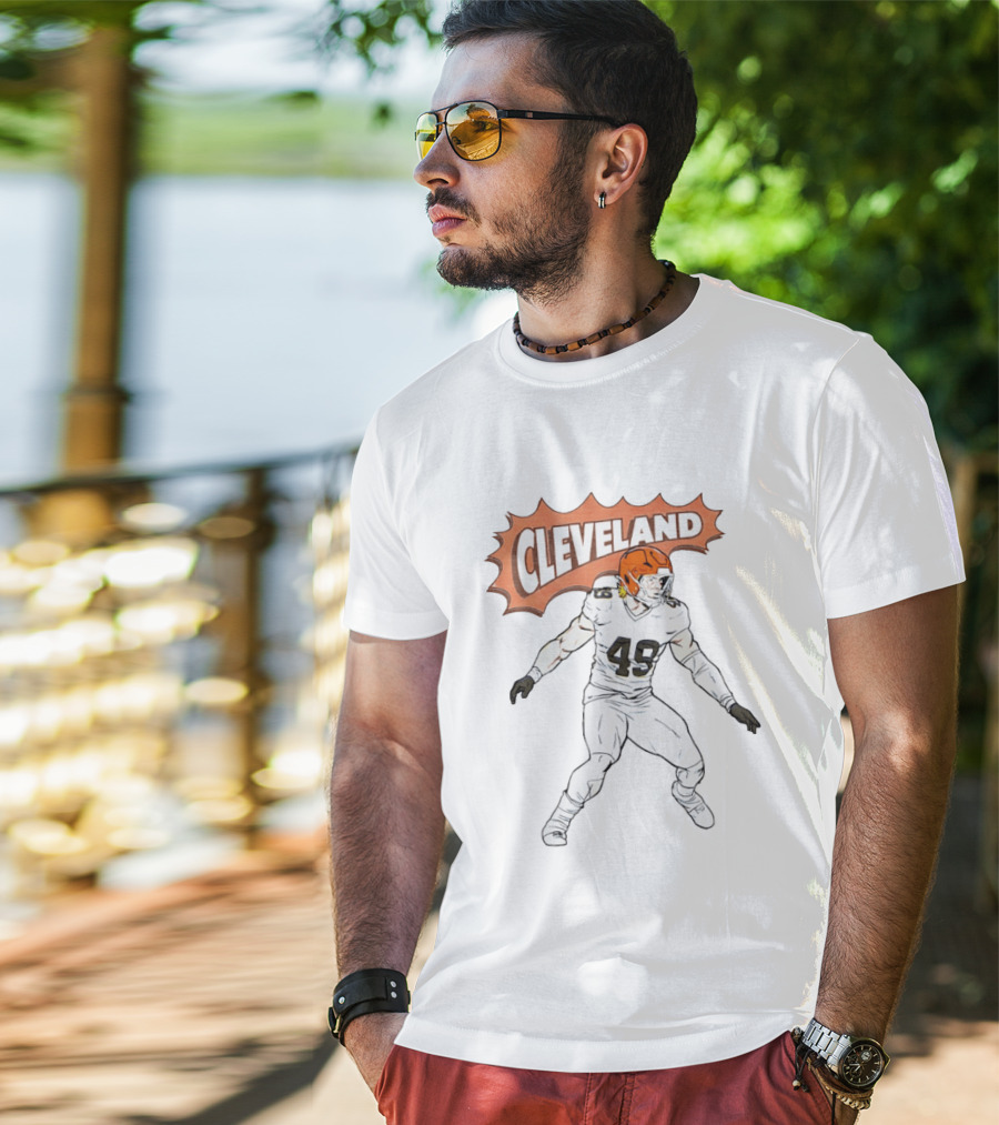 Cleveland Football Comic Style 2026 Player 49 Iconic Helmet T-Shirt