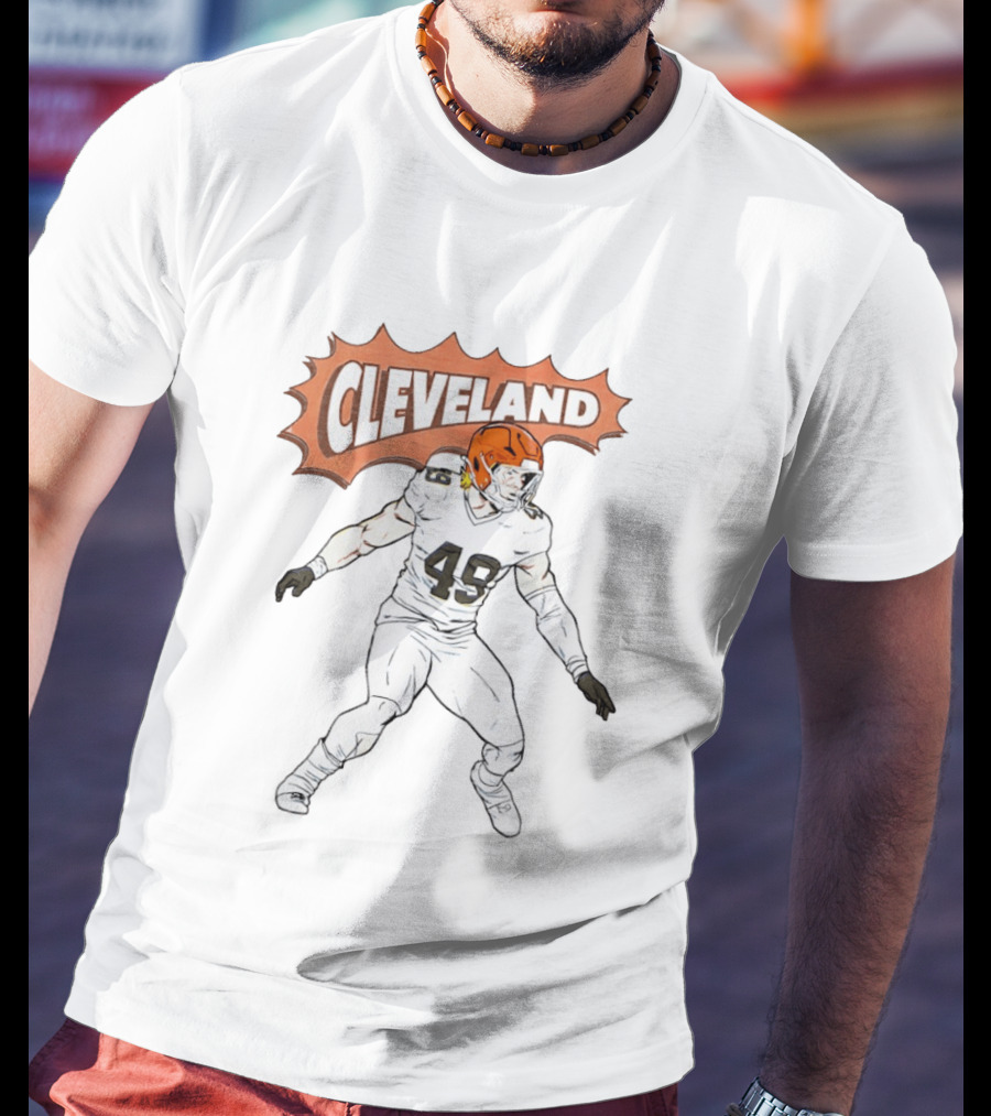 Cleveland Football Comic Style 2026 Player 49 Iconic Helmet T-Shirt