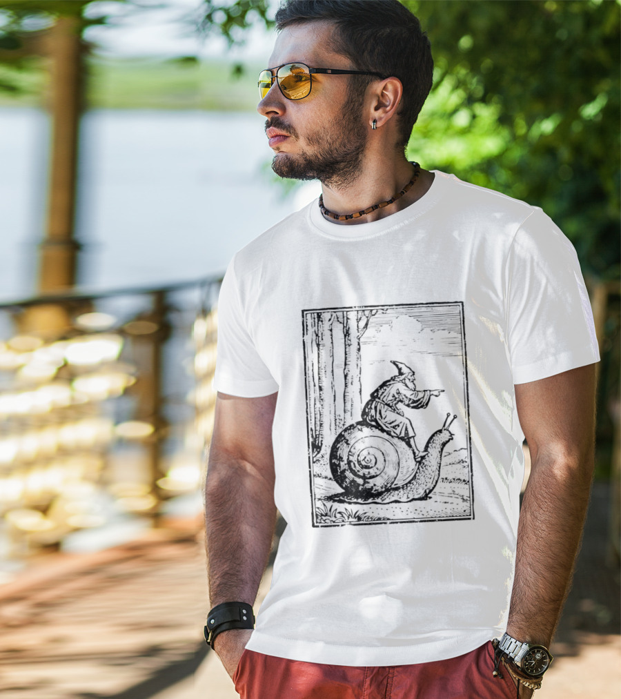 Medieval Snail Rider Wizard Woodcut Fantasy Enchantment T-Shirt