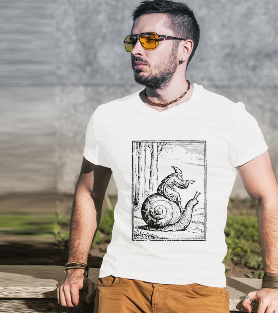 Medieval Snail Rider Wizard Woodcut Fantasy Enchantment T-Shirt