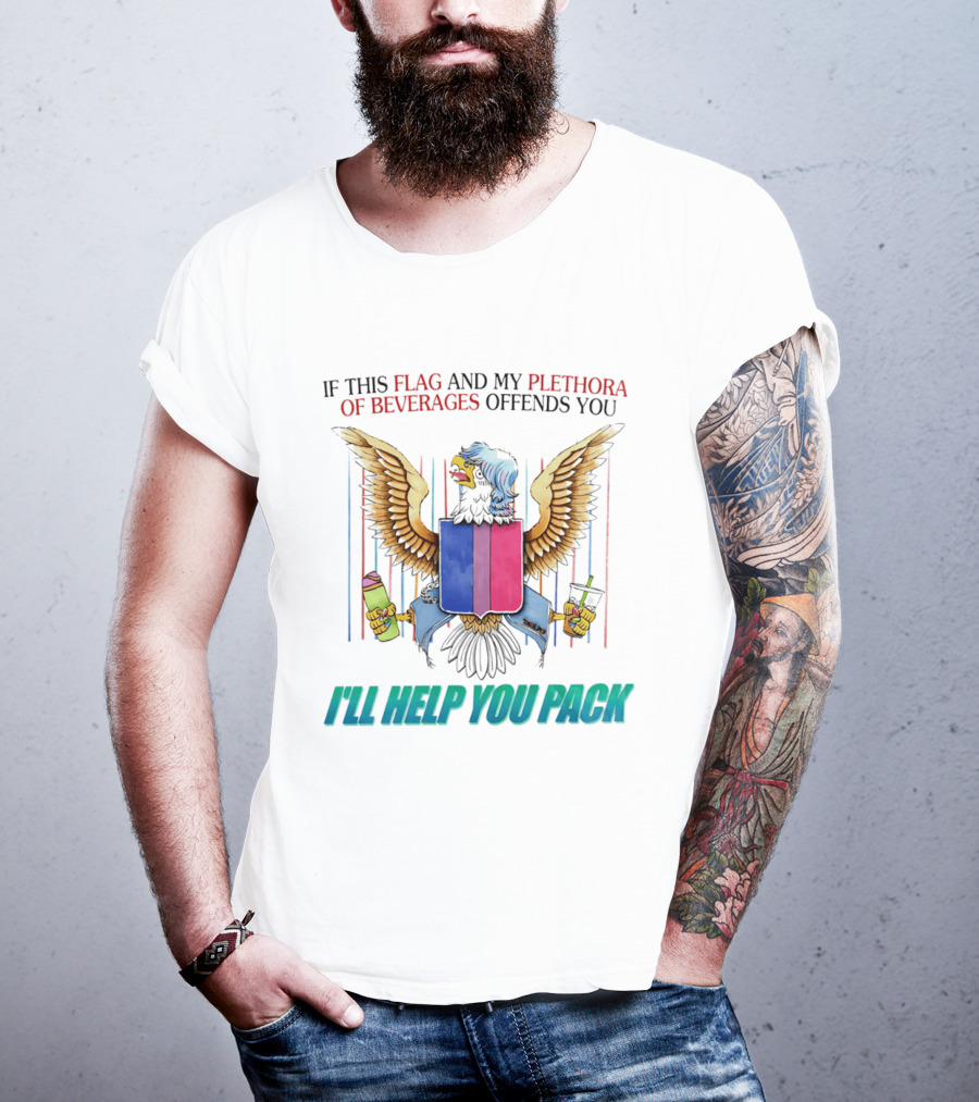 If This Flag And My Plethora Of Beverages Offends You I'll Help You Pack Eagle Holding Drinks T-Shirt