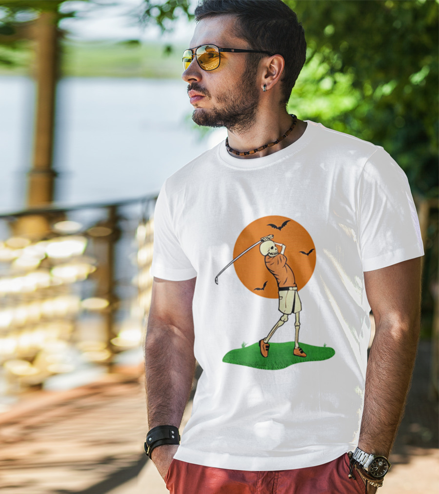 Skeleton Golfer At Sunset With Flying Bats T-Shirt