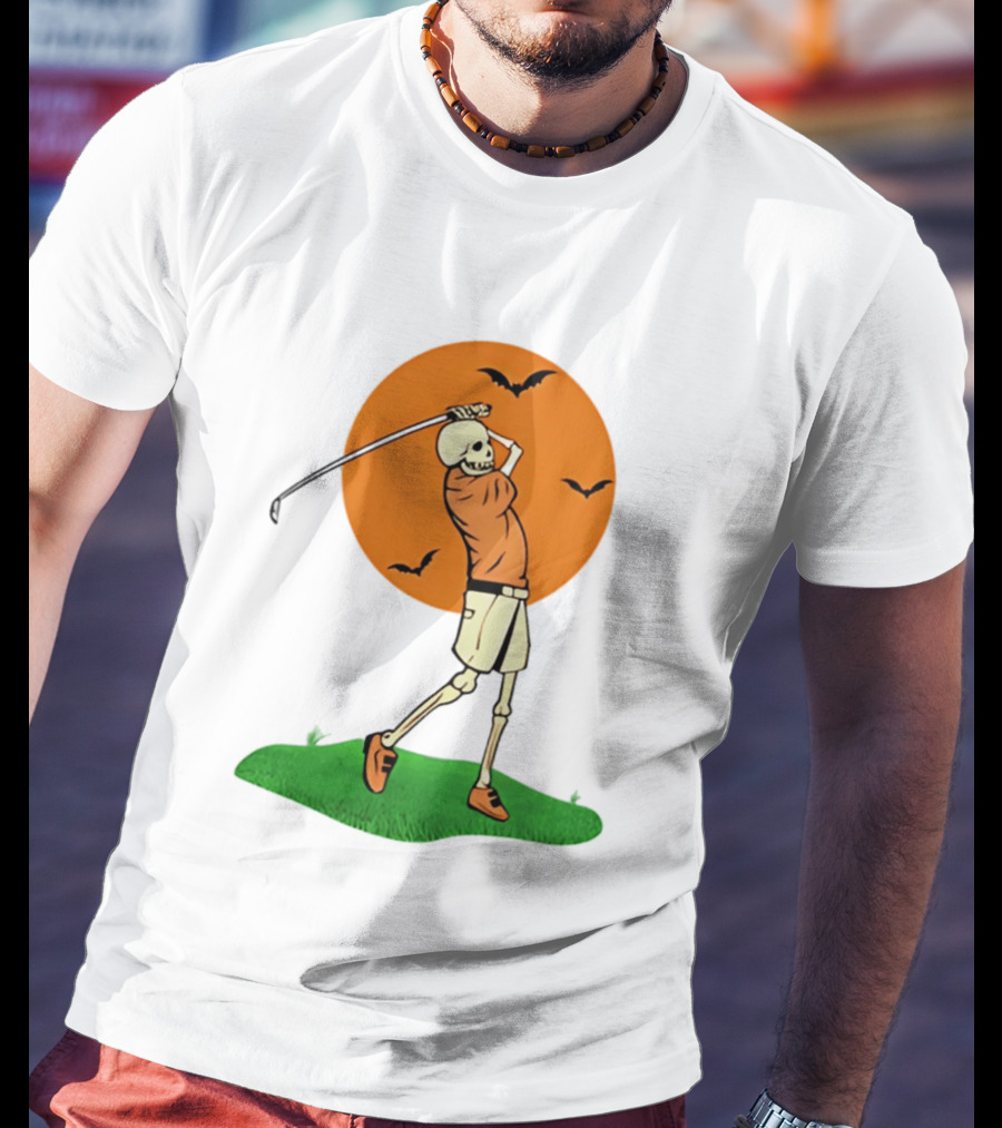 Skeleton Golfer At Sunset With Flying Bats T-Shirt