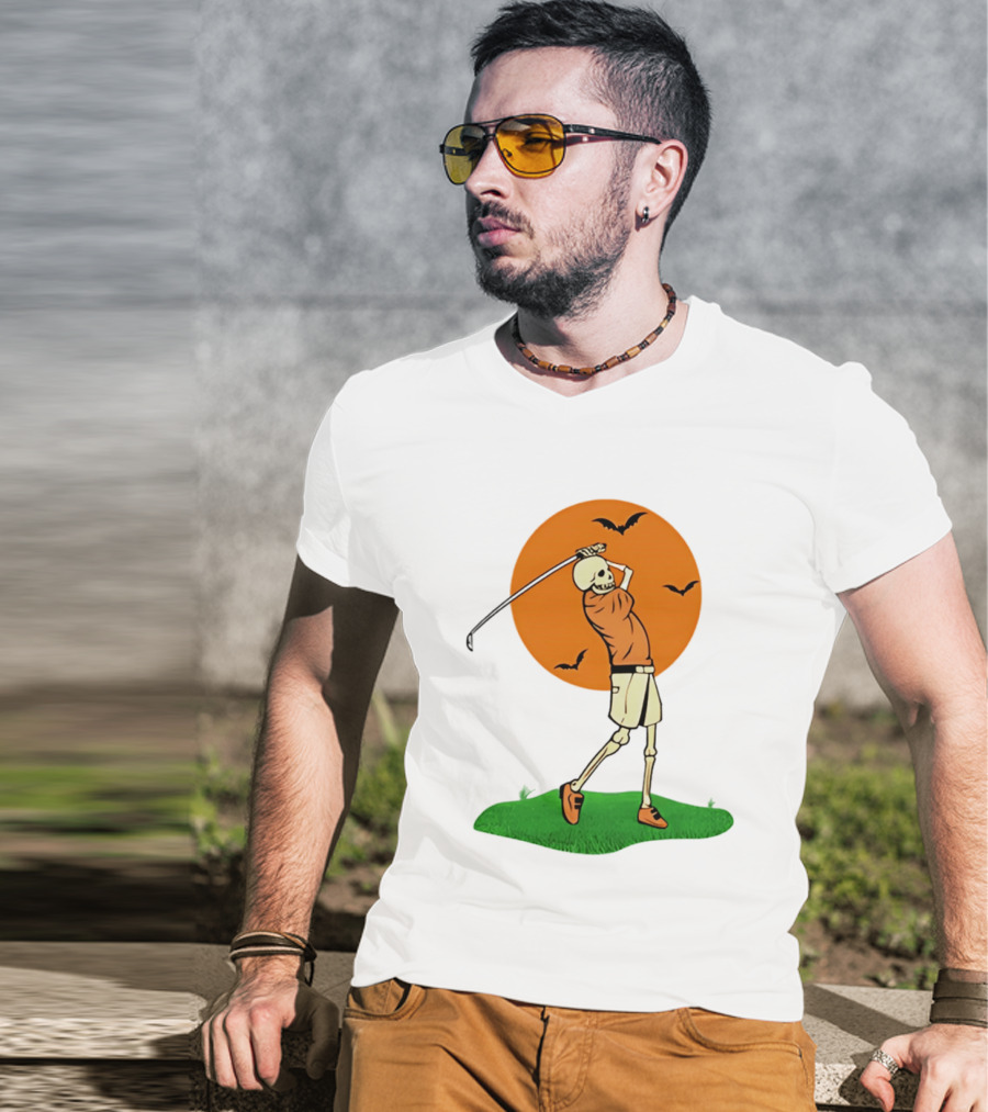 Skeleton Golfer At Sunset With Flying Bats T-Shirt