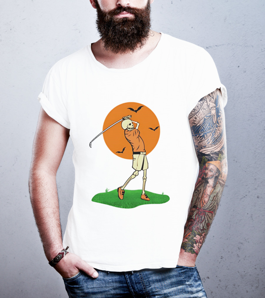 Skeleton Golfer At Sunset With Flying Bats T-Shirt