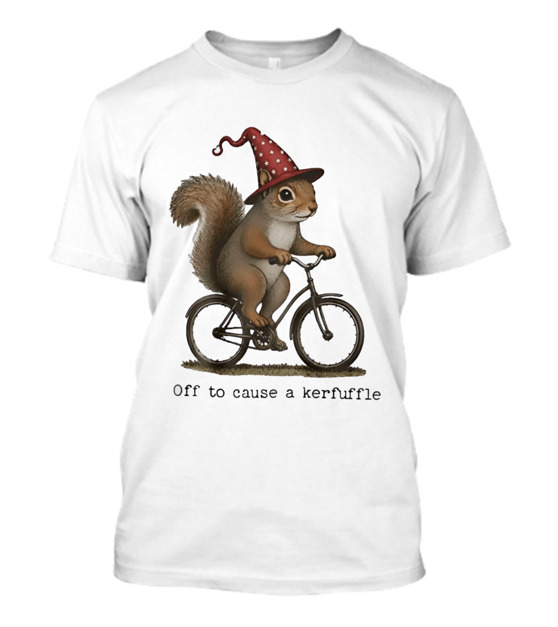 Squirrel In Wizard Hat Riding Bicycle Off To Cause A Kerfuffle T-Shirt