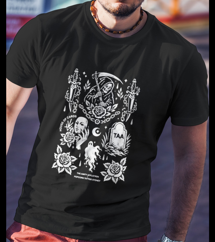 The Amity Affliction X Popcorn Tattoo Sydney Grim Reaper Floral Cemetery TAA T-Shirt