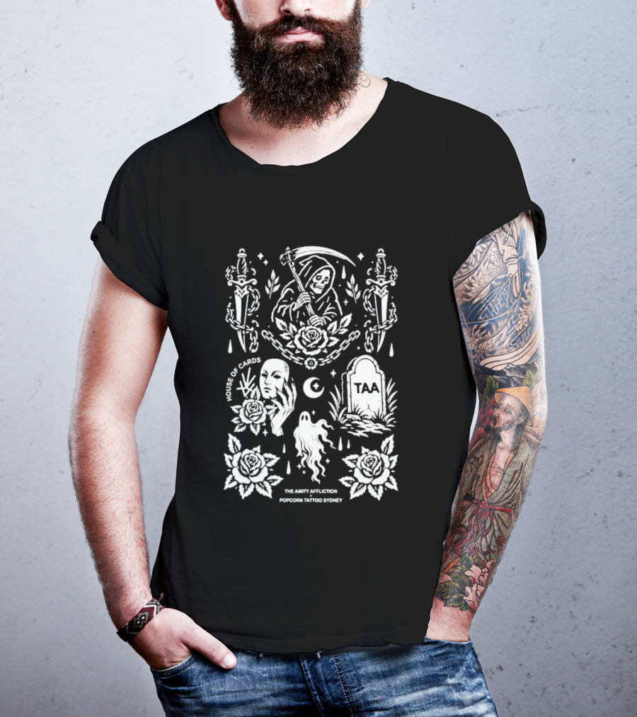 The Amity Affliction X Popcorn Tattoo Sydney Grim Reaper Floral Cemetery TAA T-Shirt