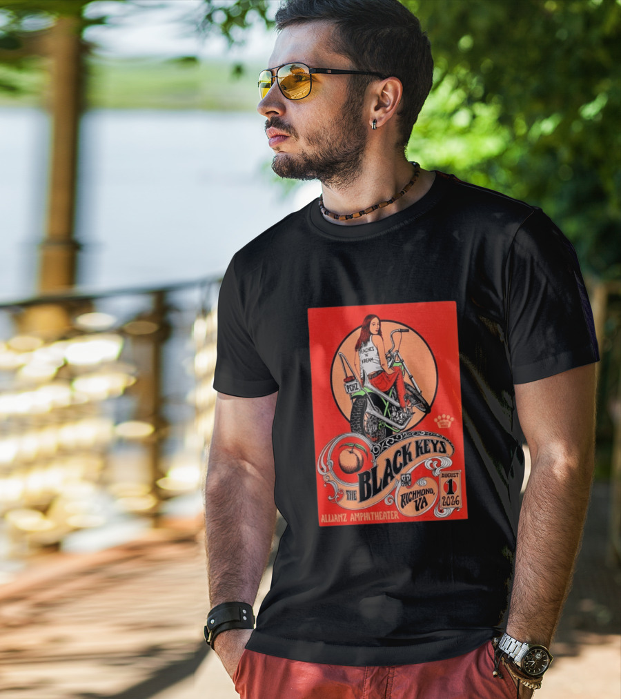 The Black Keys Allianz Amphitheater Richmond VA August 1 2026 Peaches N Kream Motorcycle T-Shirt