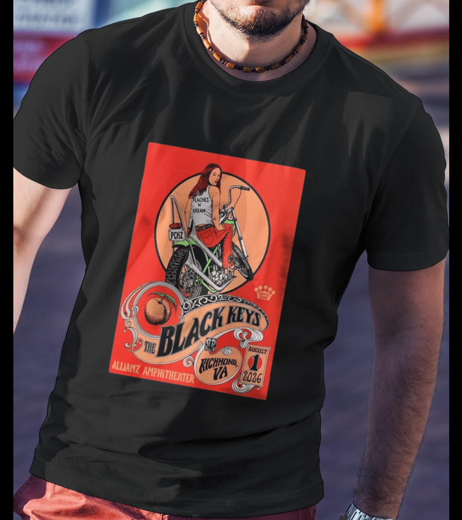 The Black Keys Allianz Amphitheater Richmond VA August 1 2026 Peaches N Kream Motorcycle T-Shirt