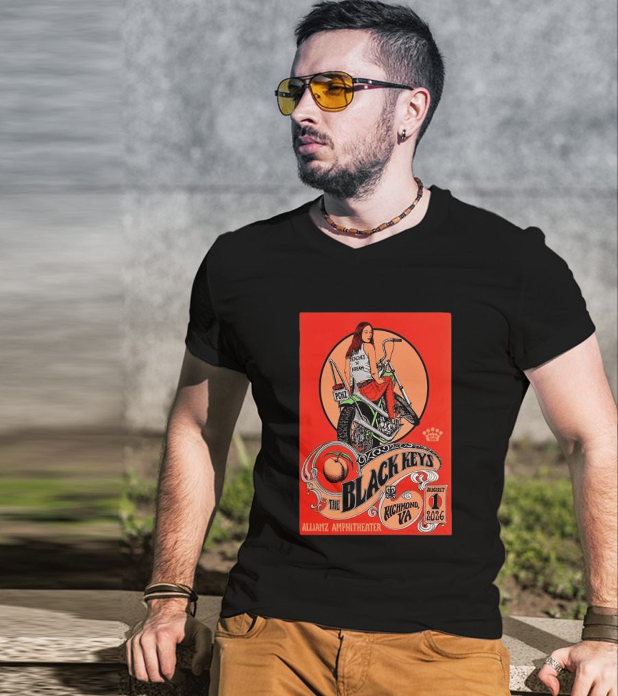 The Black Keys Allianz Amphitheater Richmond VA August 1 2026 Peaches N Kream Motorcycle T-Shirt