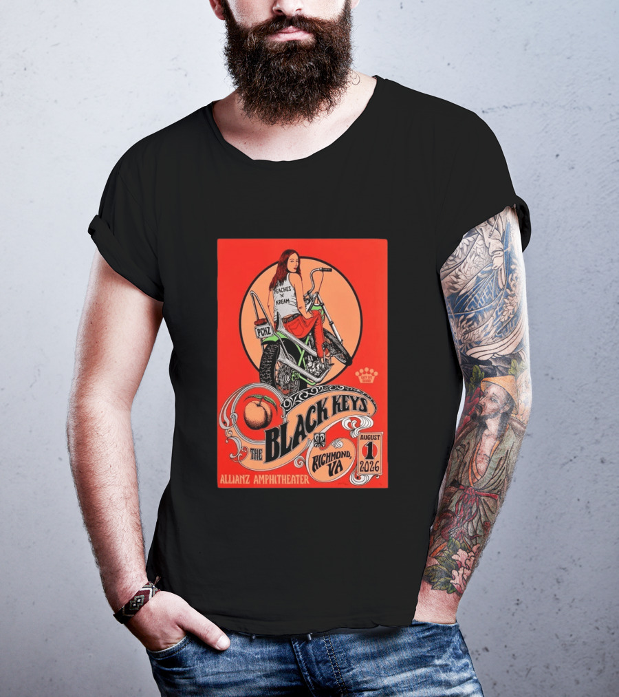 The Black Keys Allianz Amphitheater Richmond VA August 1 2026 Peaches N Kream Motorcycle T-Shirt