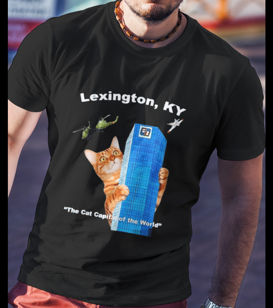 Lexington KY The Cat Capital Of The World Funny Cat With Building And Helicopter T-Shirt