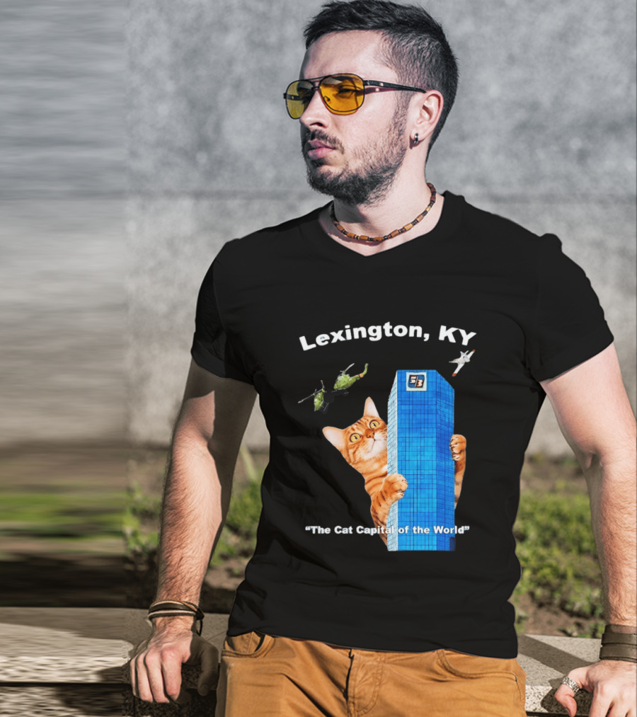 Lexington KY The Cat Capital Of The World Funny Cat With Building And Helicopter T-Shirt