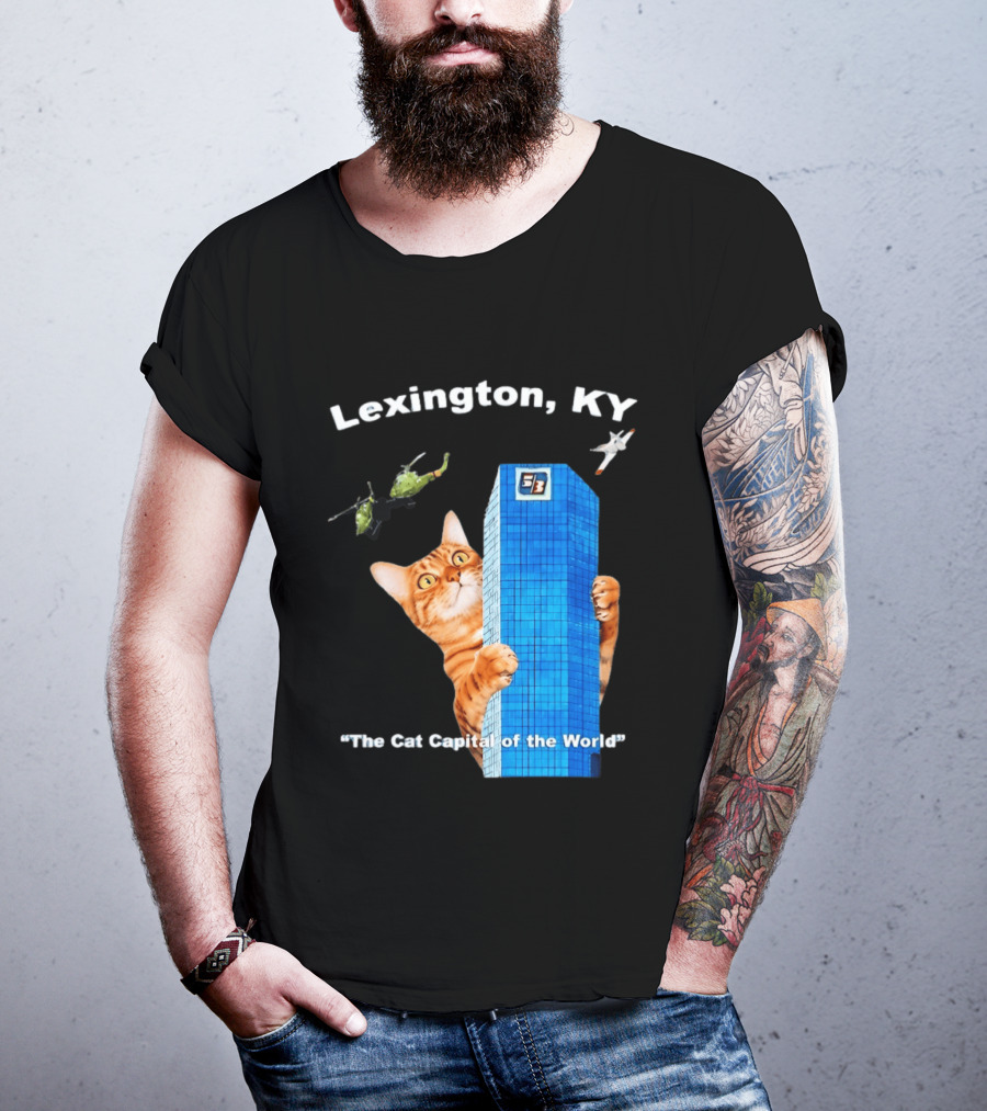 Lexington KY The Cat Capital Of The World Funny Cat With Building And Helicopter T-Shirt