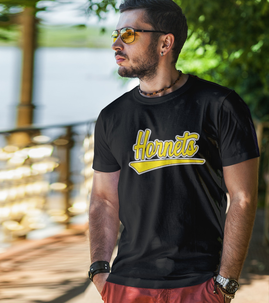 Hornets Team Yellow Text Stylized Font T-Shirt