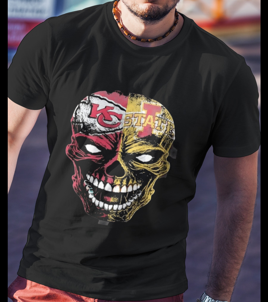 Kansas City Chiefs Iowa State Cyclones Skull Split Face T-Shirt