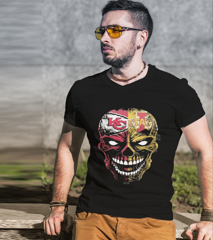 Kansas City Chiefs Iowa State Cyclones Skull Split Face T-Shirt