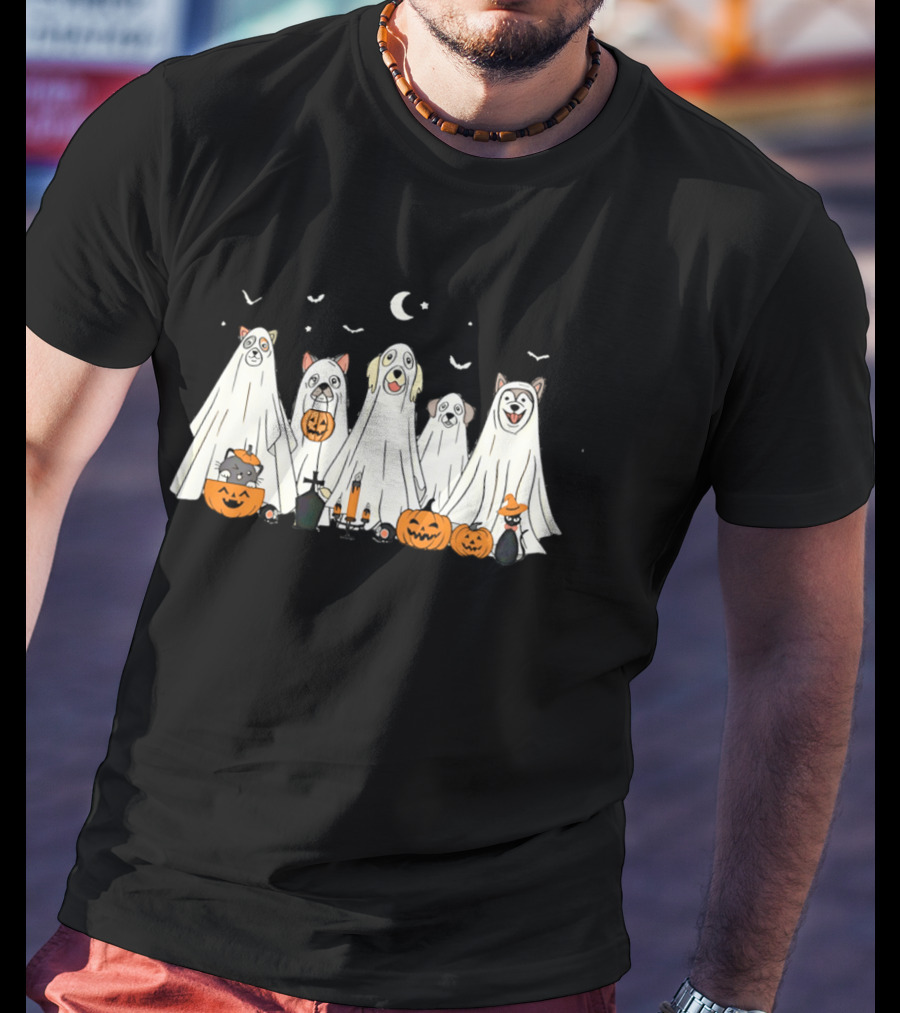 Halloween Ghost Dog Pack With Pumpkins And Moonlit Night T-Shirt